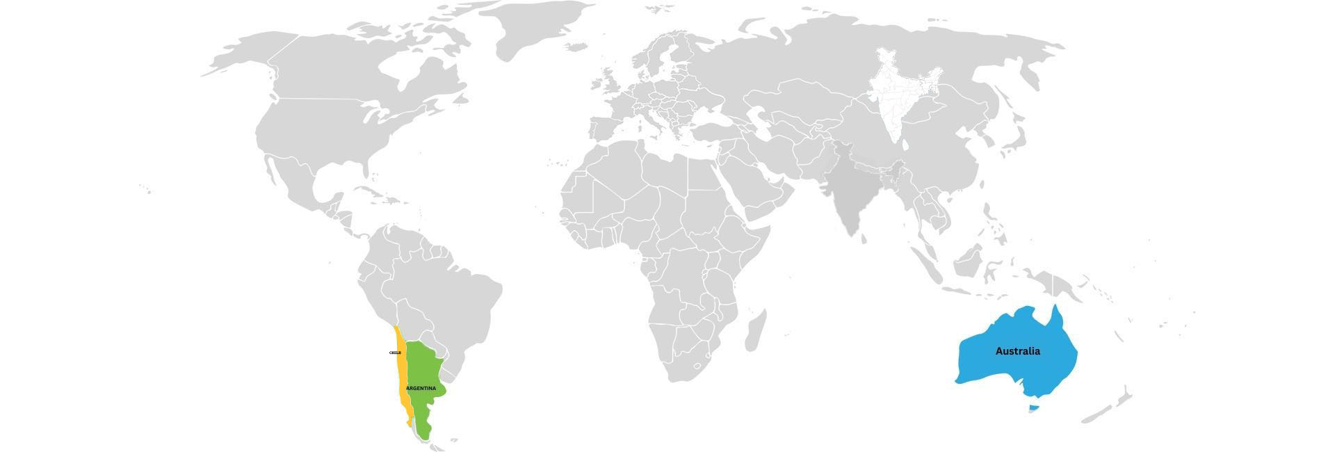 World map highlighting Australia, Argentina, and Chile with KabilIndia footprints
